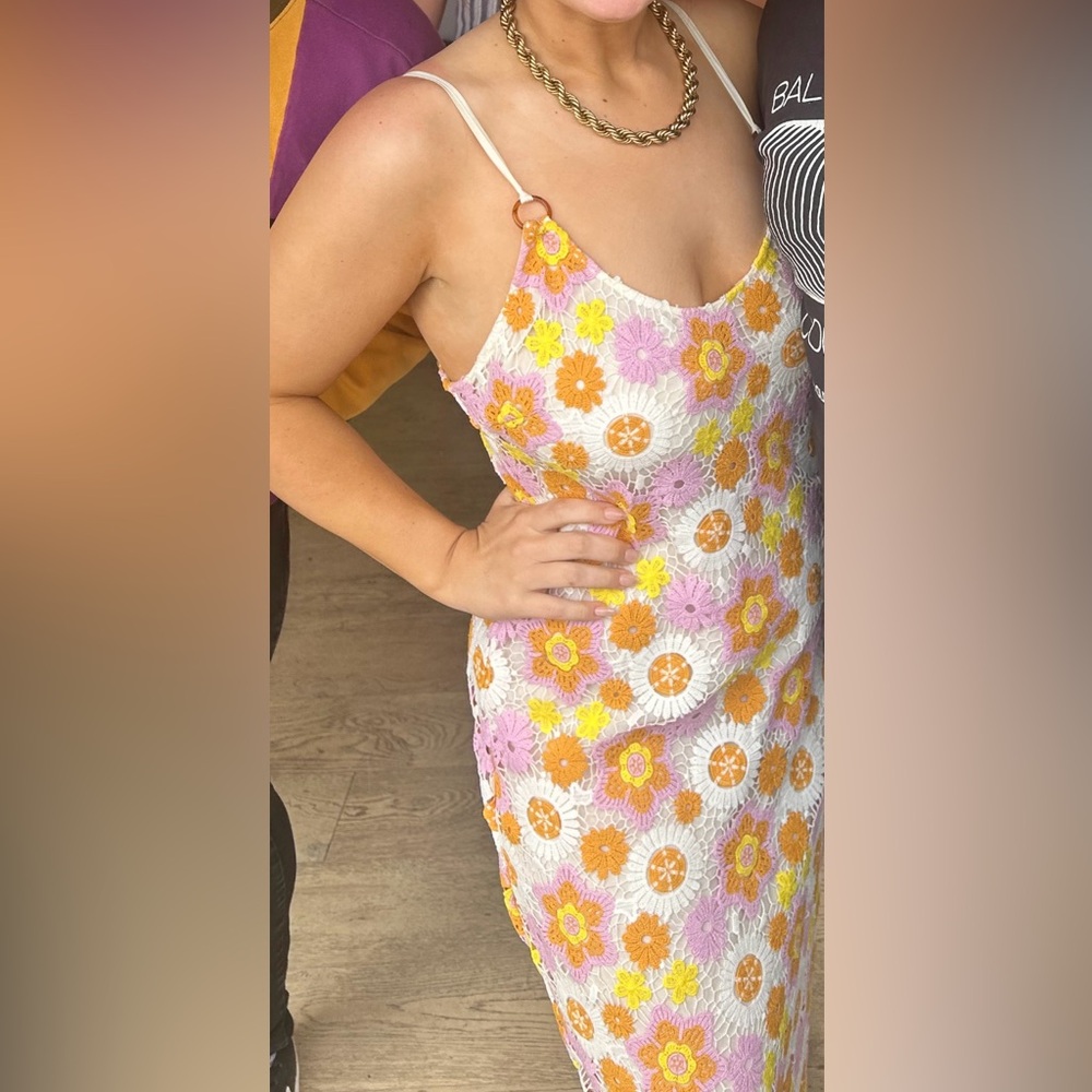 Zara Crochet Floral Maxi Dress - White, Pink, Orange